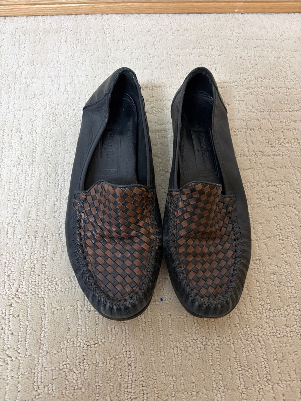 Cole Hann Black Leather Slip-On Loafers with Brown Woven Vamp women’s size 7 1/2